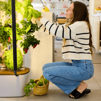 Woman kneeling next to a Hydrogrowhub Home, harvesting vegetables.